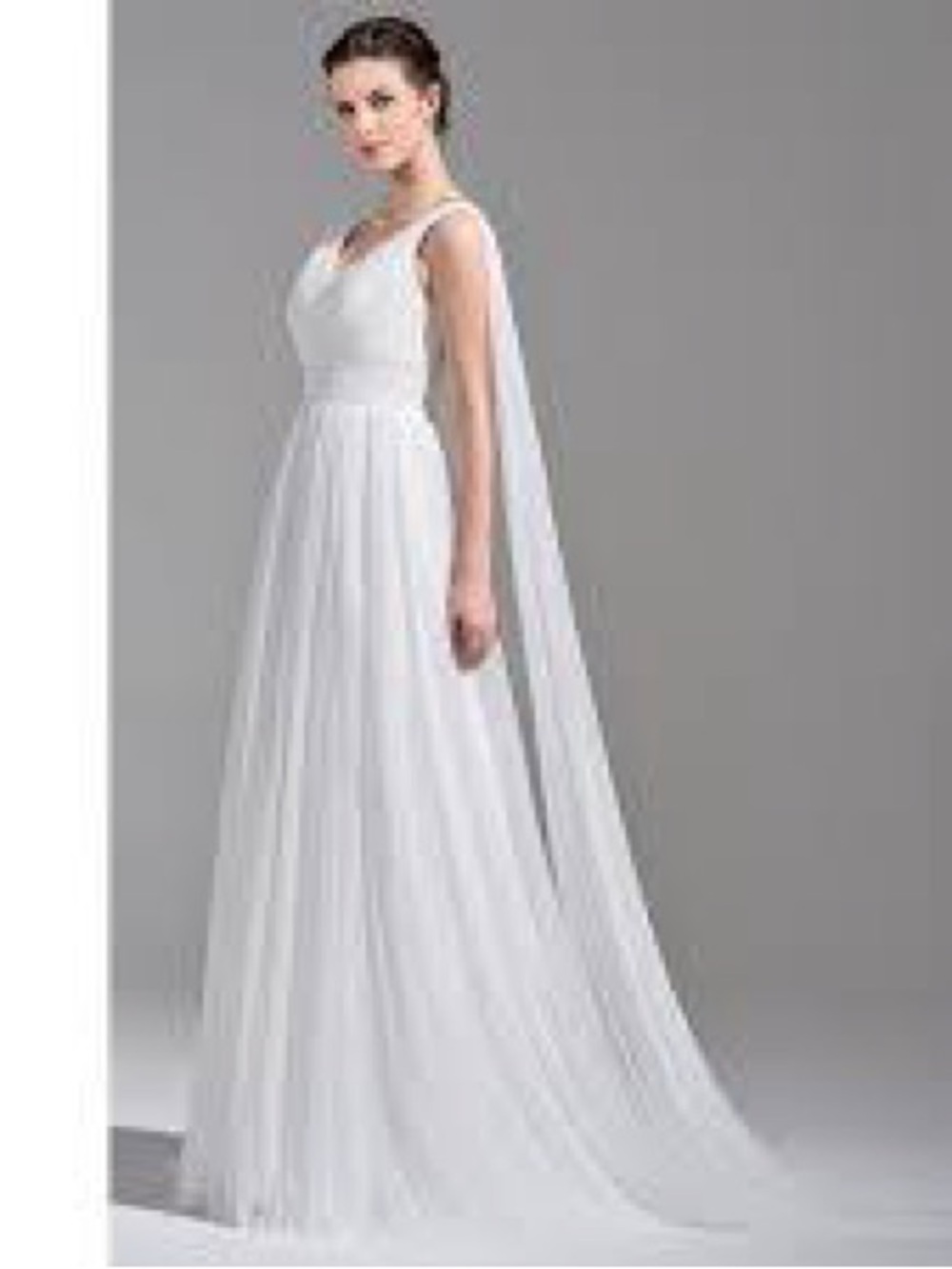 JJ’s House Sleeveless Aline V-neck Tulle Train Dress with Ruffle White Ivory 14